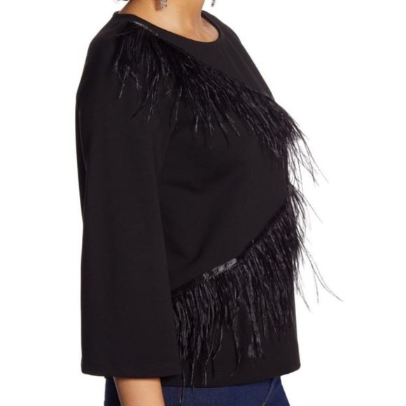 NWT Halogen Black Zig Zag Feather trim Ponte top S - Picture 3 of 3